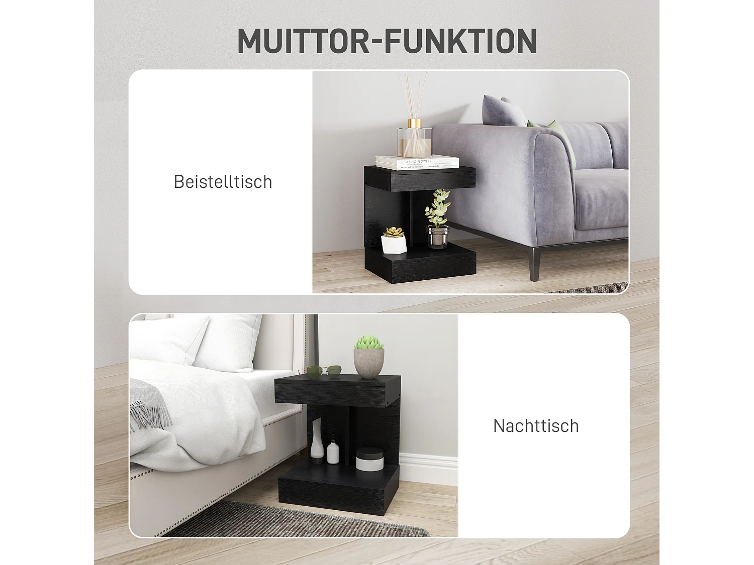 Table de chevet avec tiroirs et étagères, bois, noir (40x30x46cm)