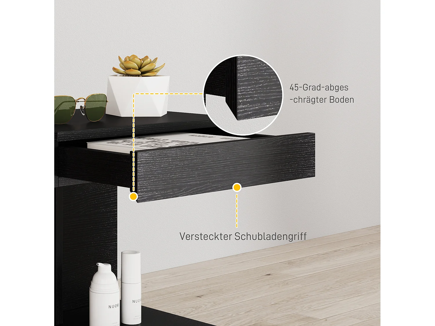 Table de chevet avec tiroirs et étagères, bois, noir (40x30x46cm)