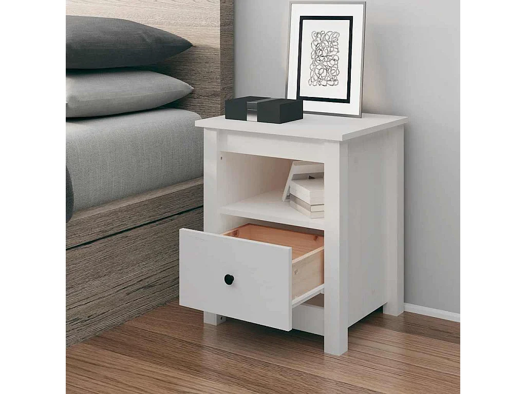 Comodino Bianco 40x35x49 cm Legno massello di pino
