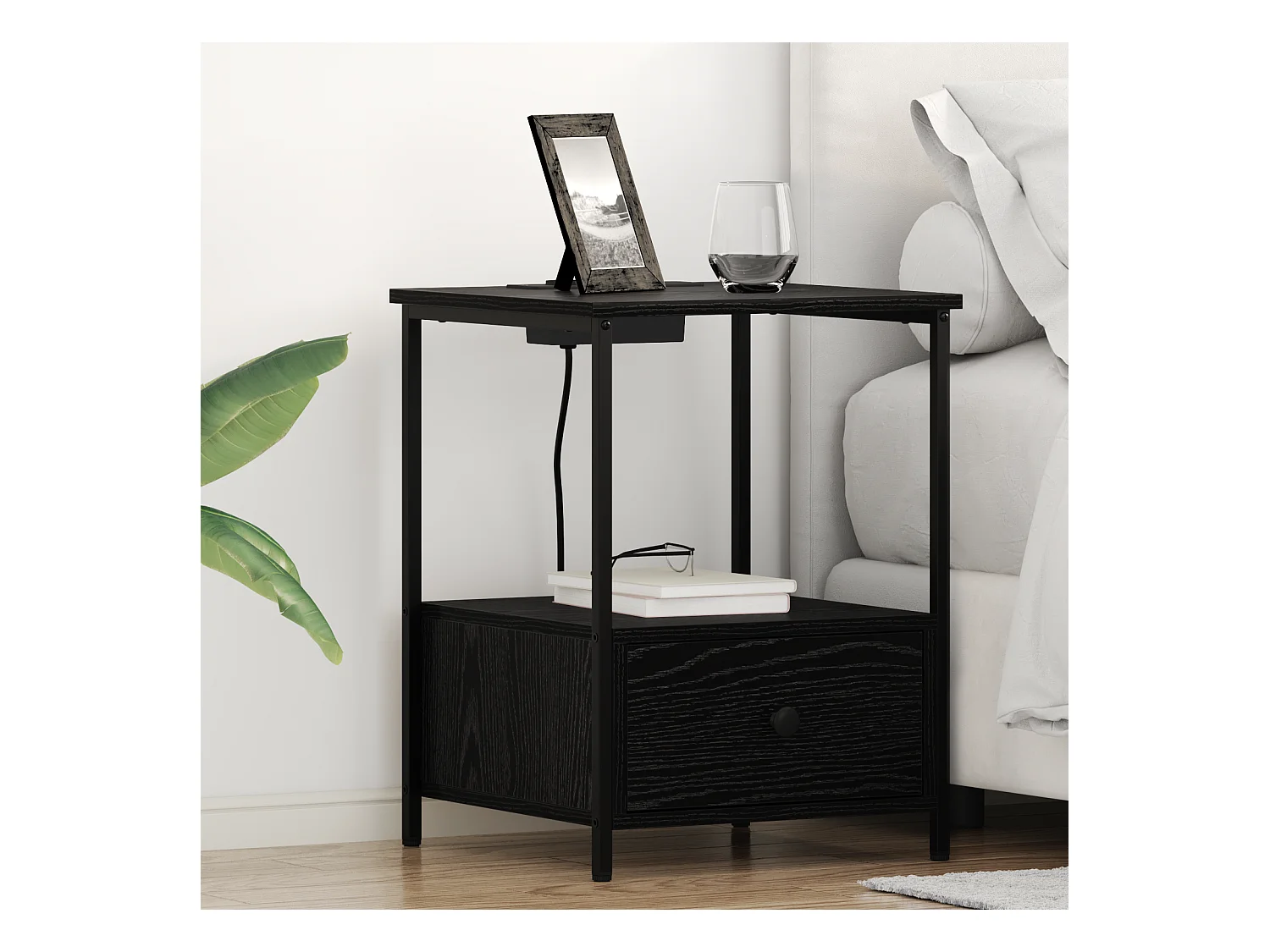 Table de nuit avec station de chargement 2 pcs Chêne noir