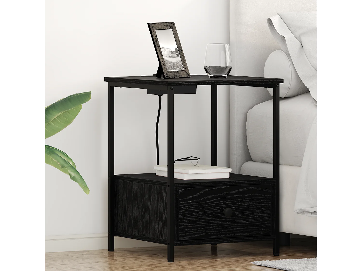 Table de nuit avec station de chargement 2 pcs Chêne noir