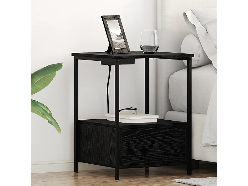 Table de nuit avec station de chargement 2 pcs Chêne noir