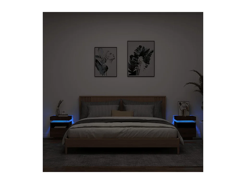 Armoires de chevet avec lumières LED 2 pcs chêne marron