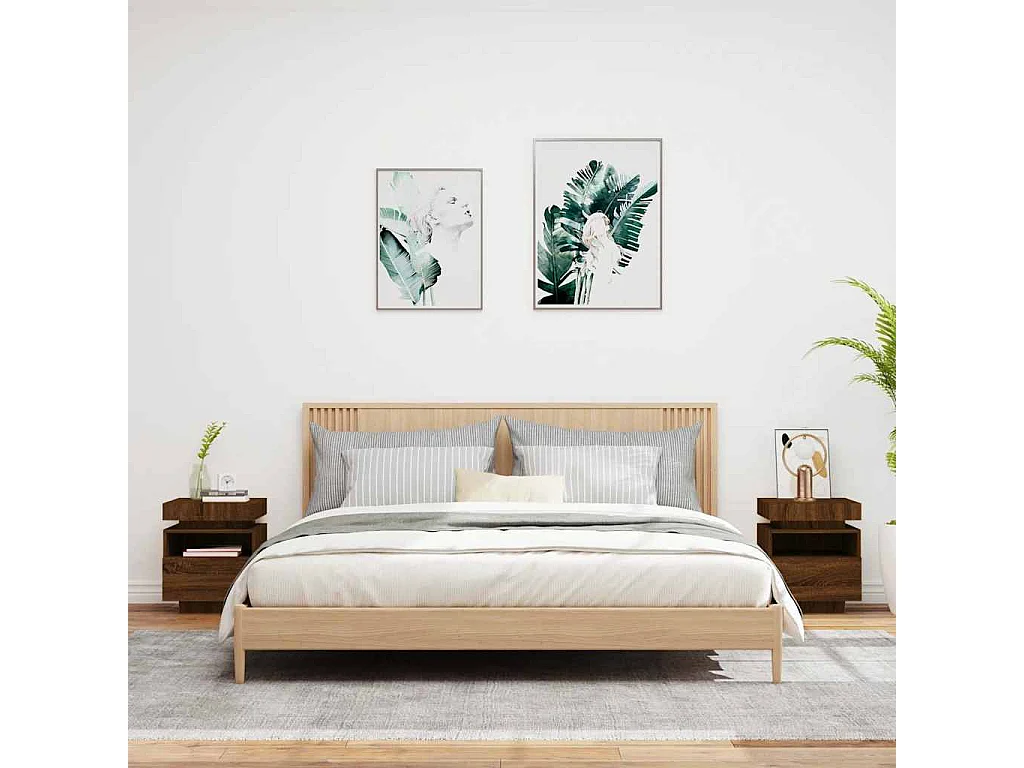 Comodini con luci LED 2 pezzi rovere marrone