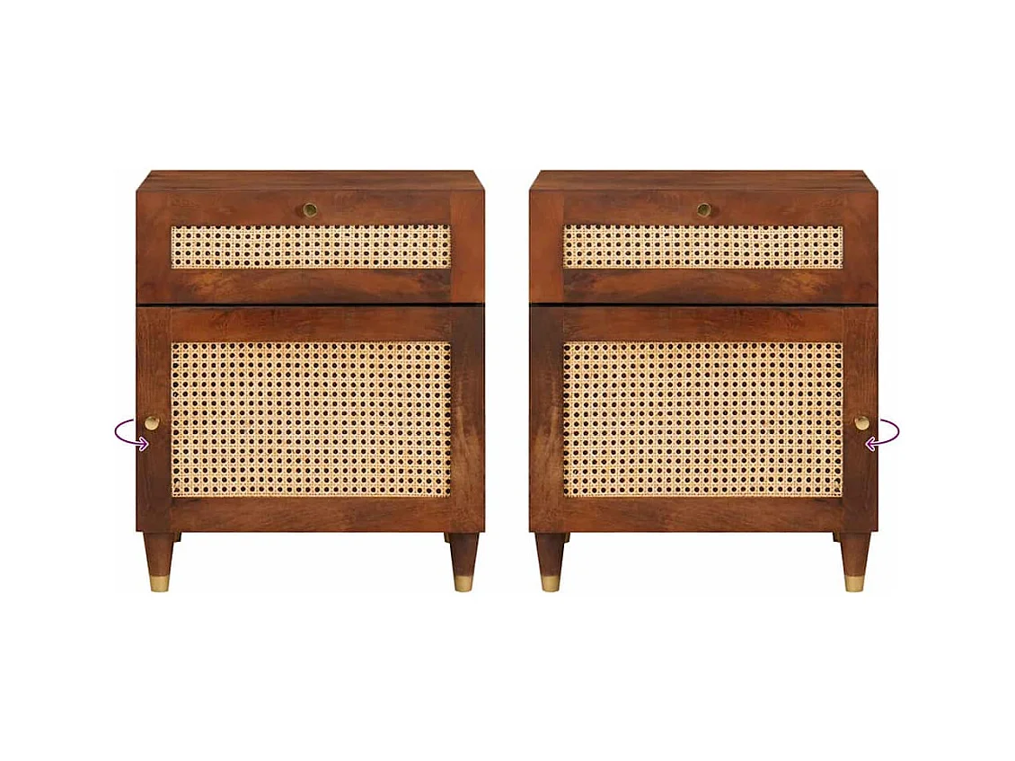Nachttische aus braunem Rattan und massivem Mangoholz
