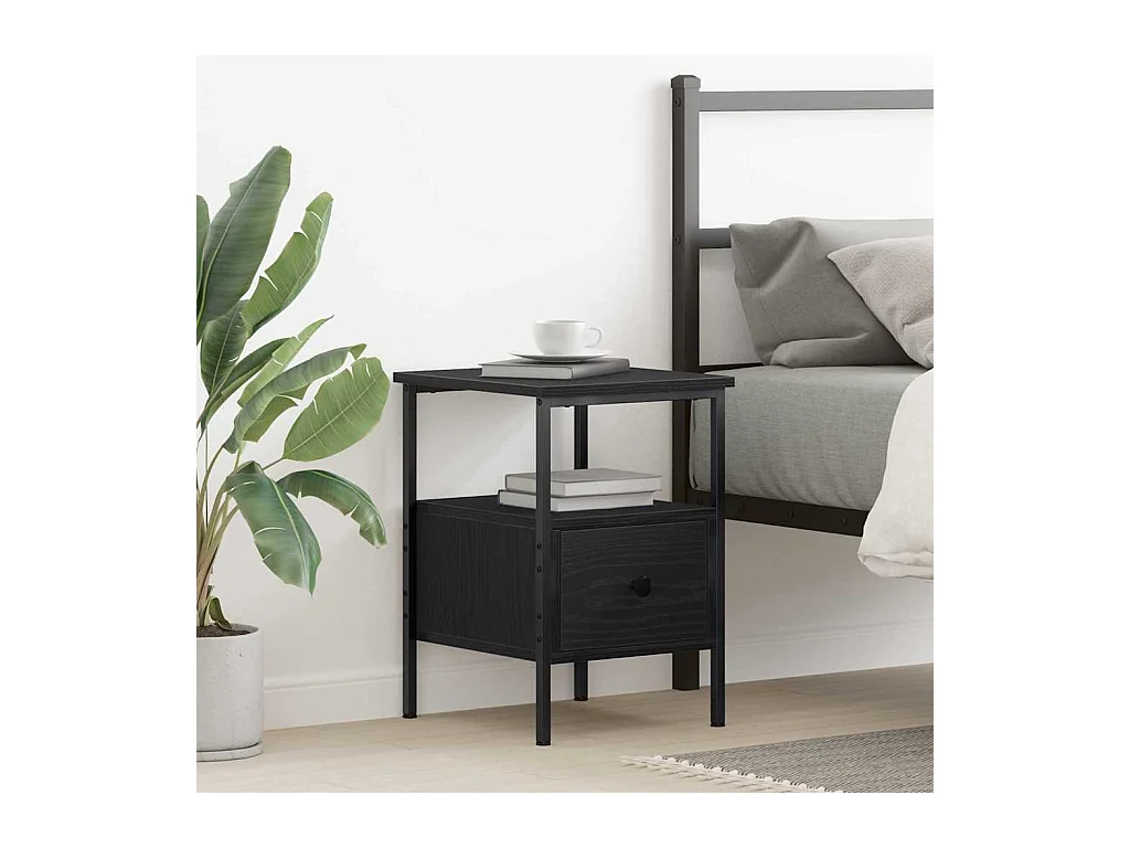 Commode de chevet Noir Chêne 34x36x50 cm Bois d'ingénierie et Acier