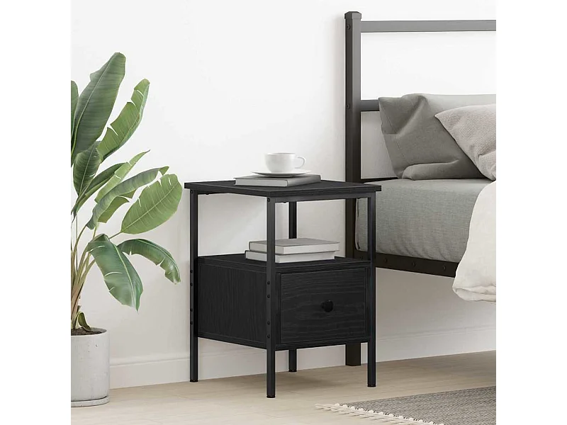 Commode de chevet Noir Chêne 34x36x50 cm Bois d'ingénierie et Acier