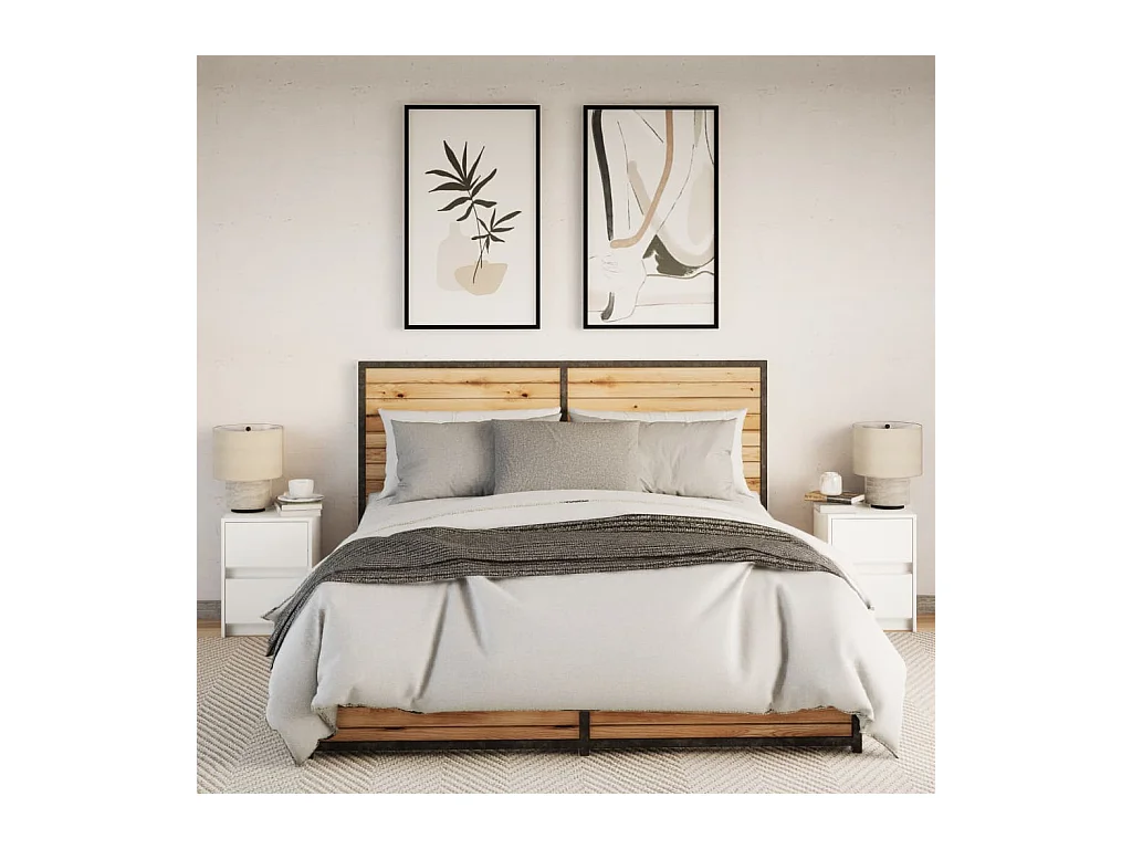 Armoires de chevet et lumières LED 2pcs blanc bois d'ingénierie