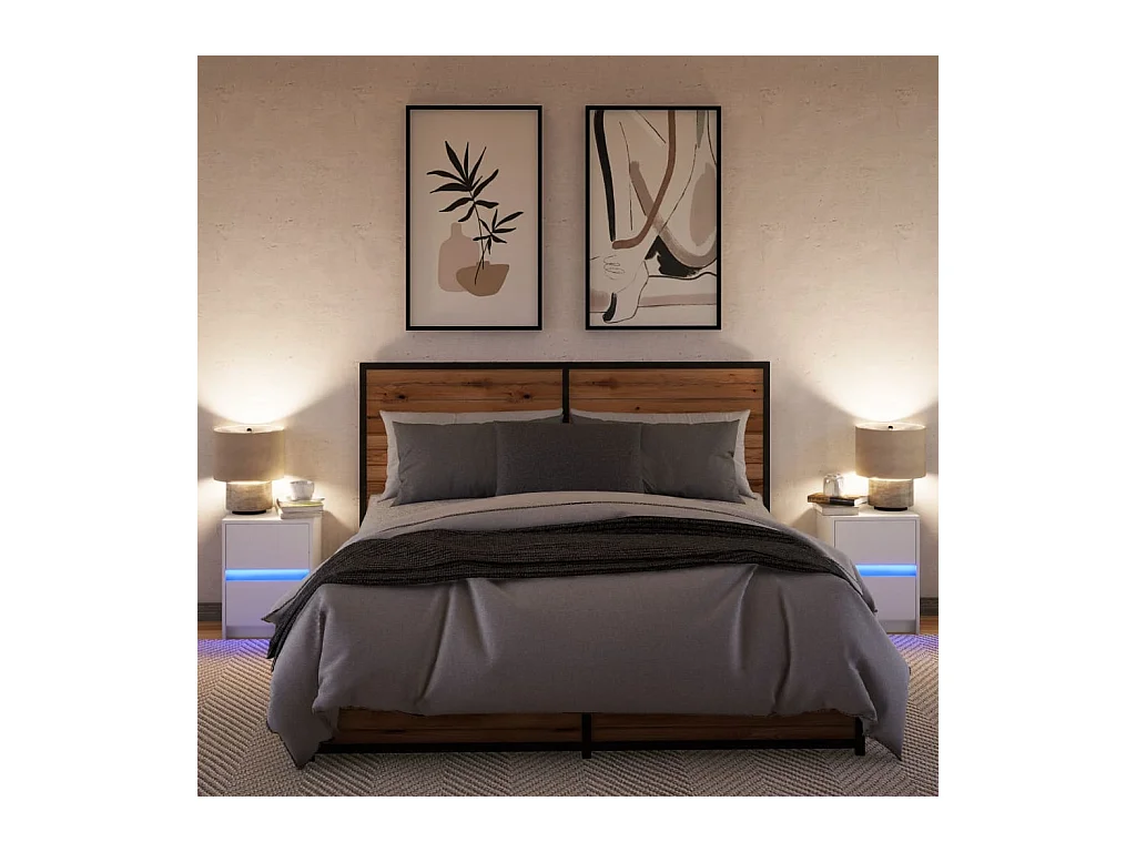 Armoires de chevet et lumières LED 2pcs blanc bois d'ingénierie