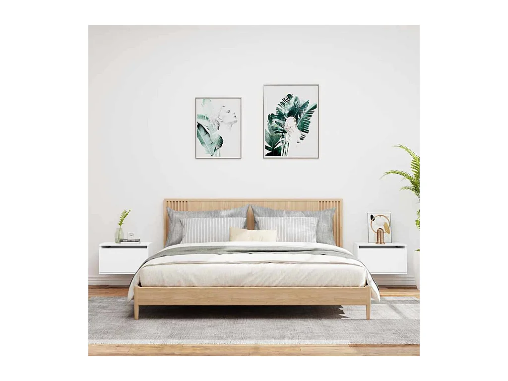 Tables de chevet murales avec lumières LED 2 pcs blanc