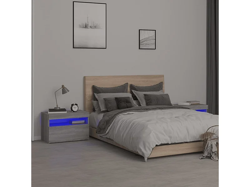Tables de chevet 2 pcs et lumières LED Sonoma gris 60x35x40 cm