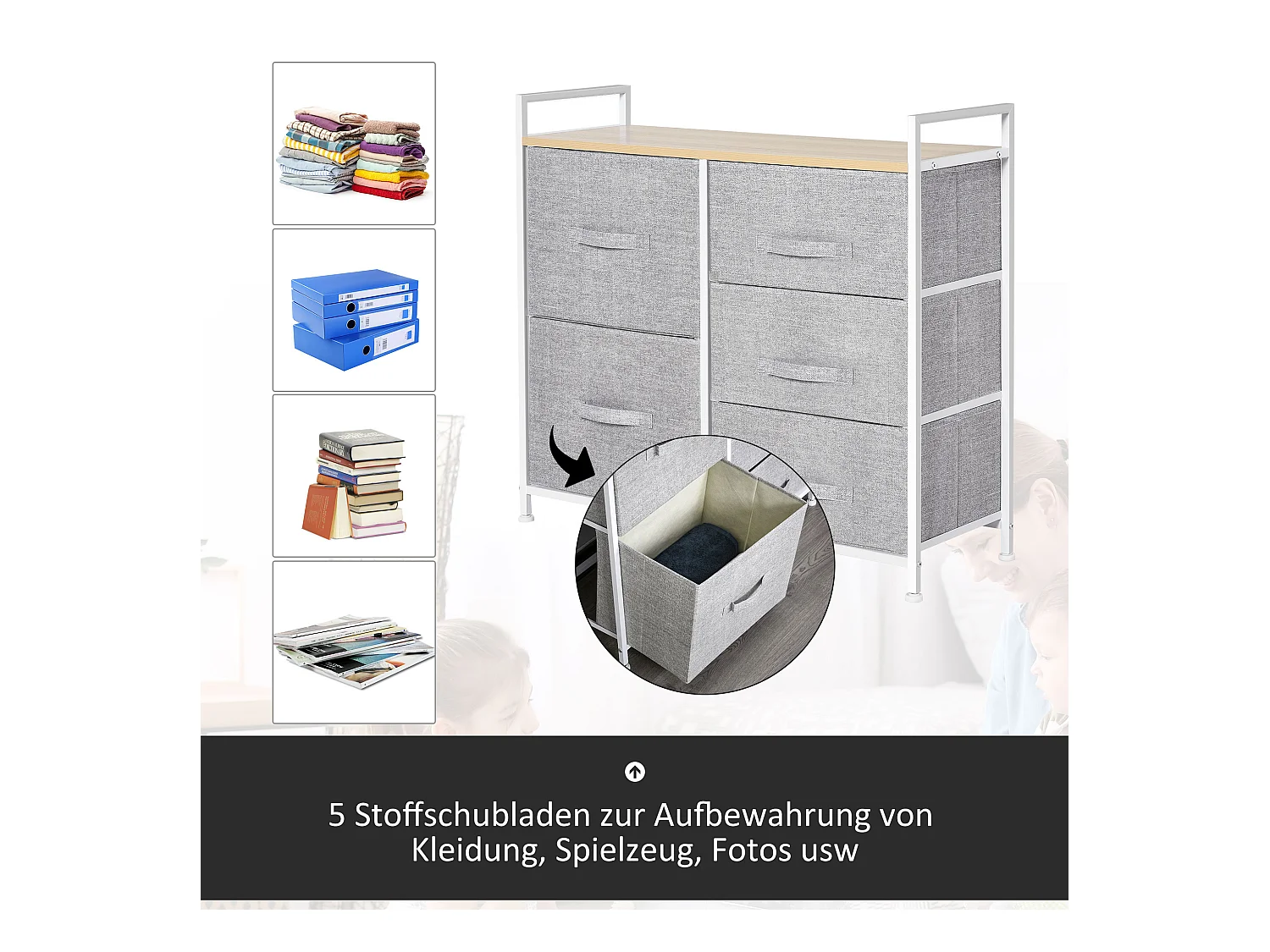 Opbergladekast met 5 stoffen lades, frame van metaal en hout, grijs (83x29x77cm)