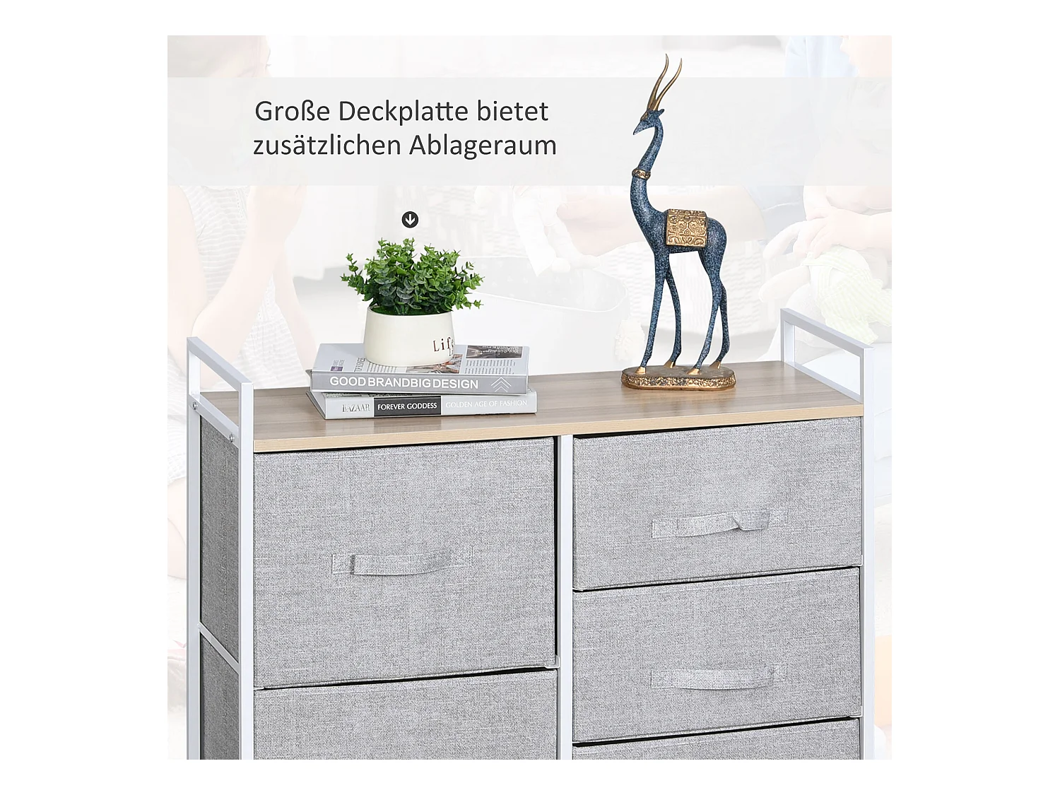 Opbergladekast met 5 stoffen lades, frame van metaal en hout, grijs (83x29x77cm)