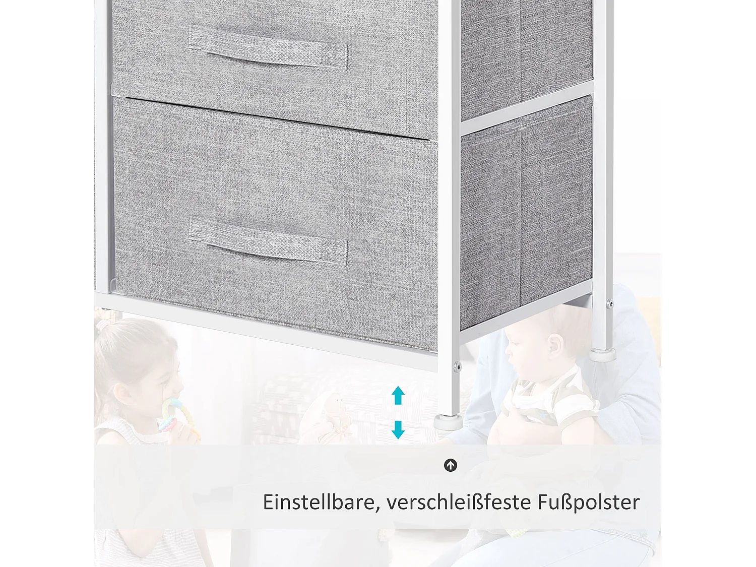 Opbergladekast met 5 stoffen lades, frame van metaal en hout, grijs (83x29x77cm)