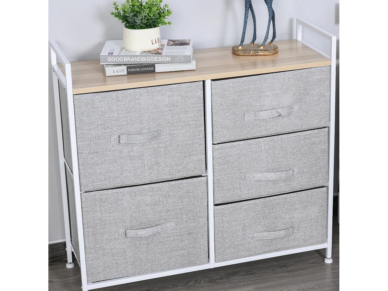 Opbergladekast met 5 stoffen lades, frame van metaal en hout, grijs (83x29x77cm)