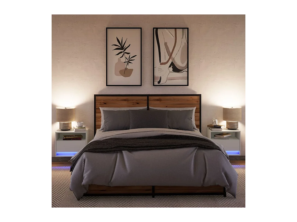 Tables de chevet murales avec lumières LED 2 pcs blanc