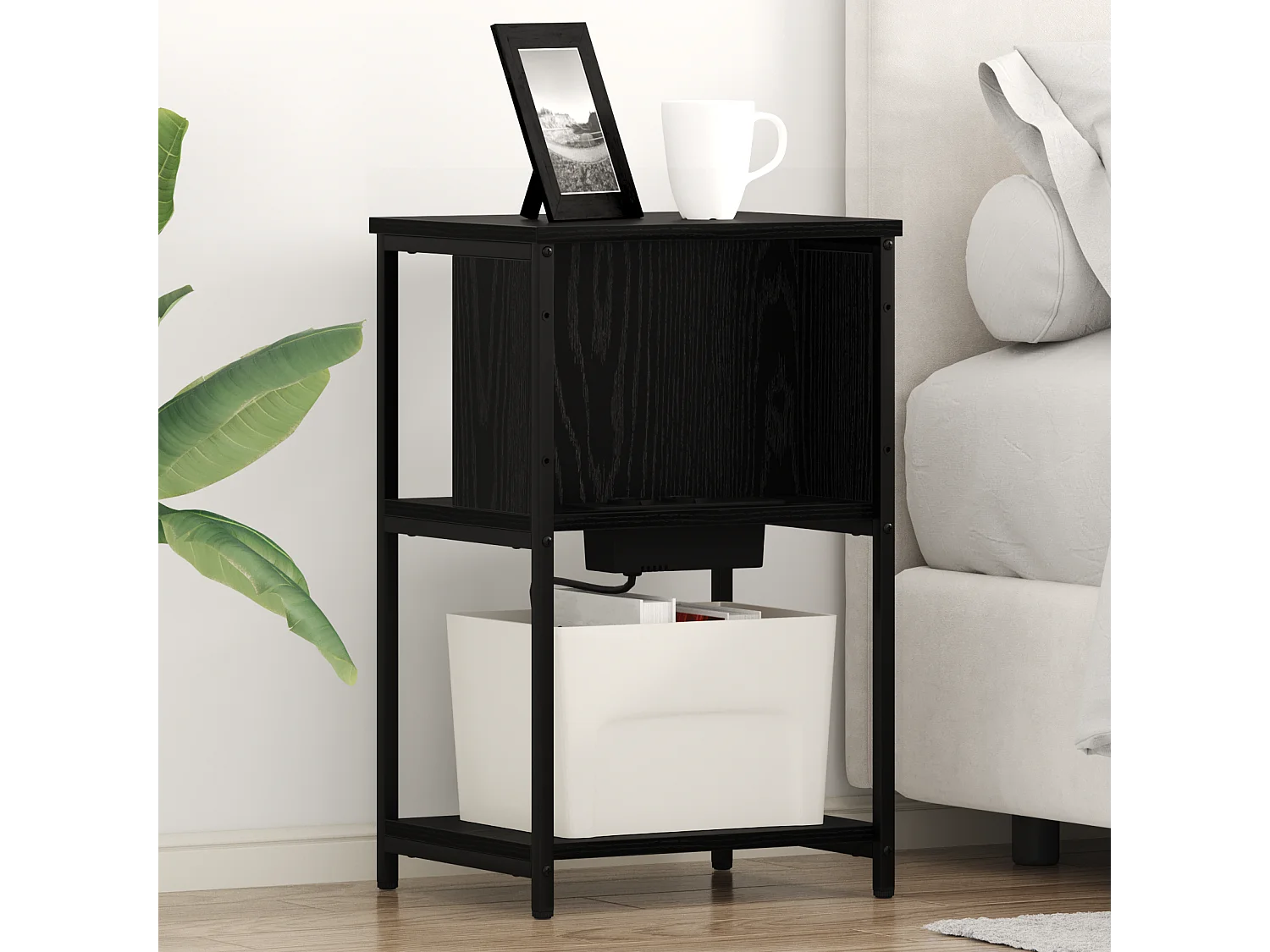 Comodino in rovere nero 38 x 31 x 61 cm in legno ingegnerizzato