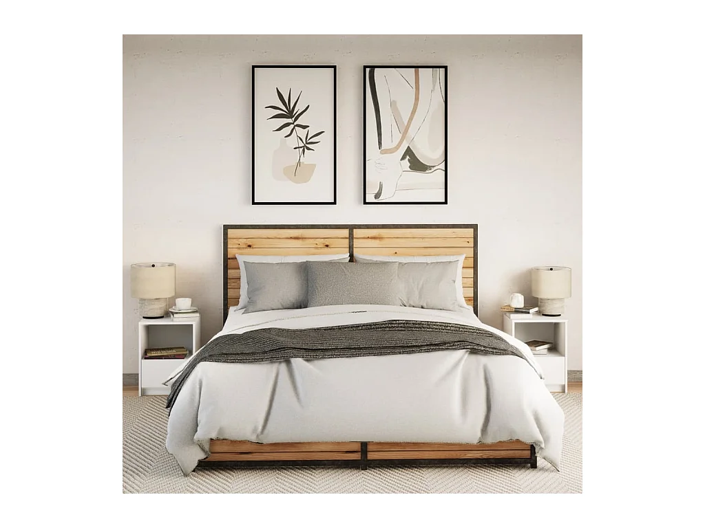 Armoires de chevet et lumières LED 2pcs blanc bois d'ingénierie