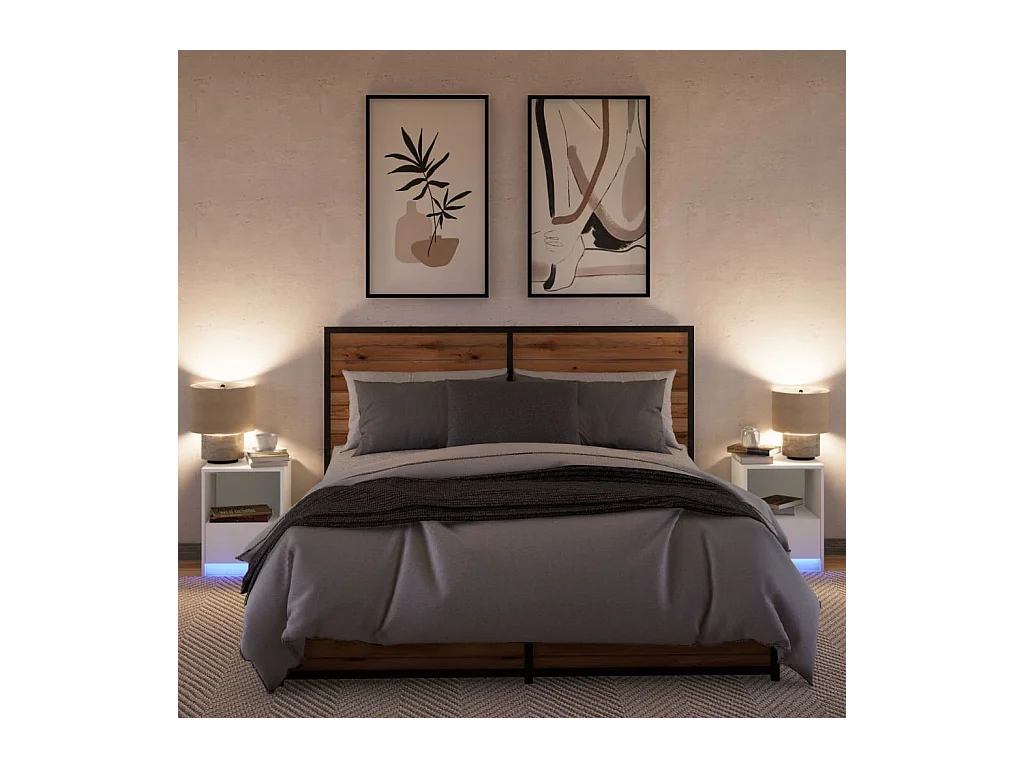 Armoires de chevet et lumières LED 2pcs blanc bois d'ingénierie