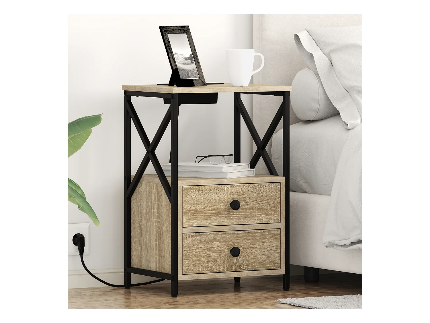 Table de nuit avec station de chargement 2 pcs Chêne sonoma