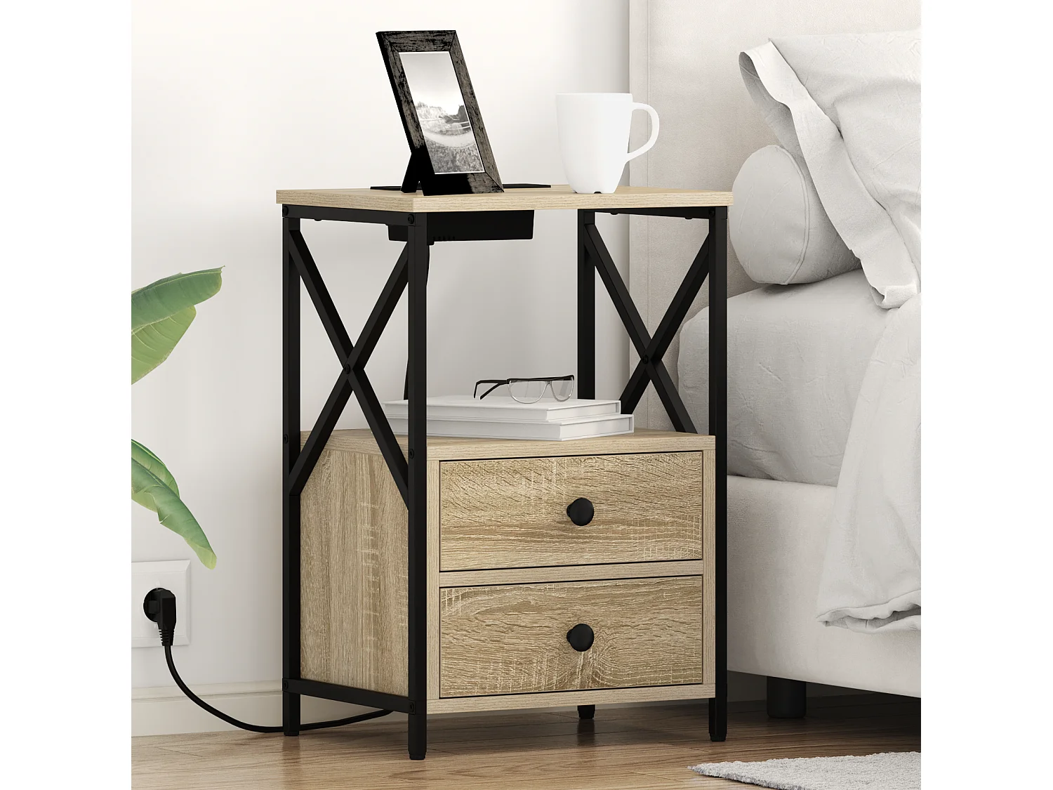 Table de nuit avec station de chargement 2 pcs Chêne sonoma