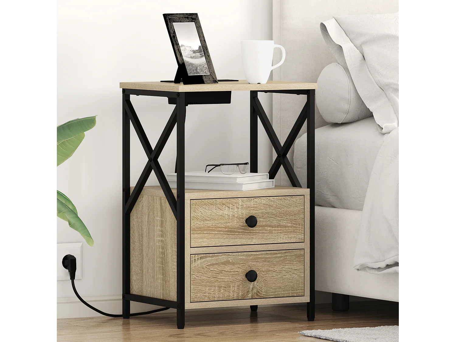 Table de nuit avec station de chargement 2 pcs Chêne sonoma