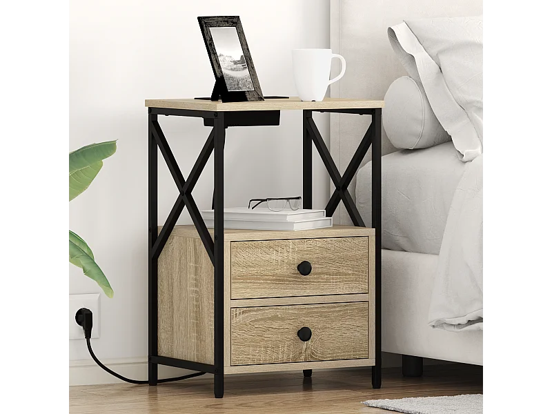 Table de nuit avec station de chargement 2 pcs Chêne sonoma