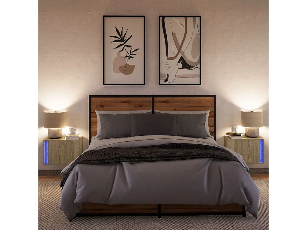 Wandnachtkastjes met LED-verlichting 2 stuks Sonoma eiken