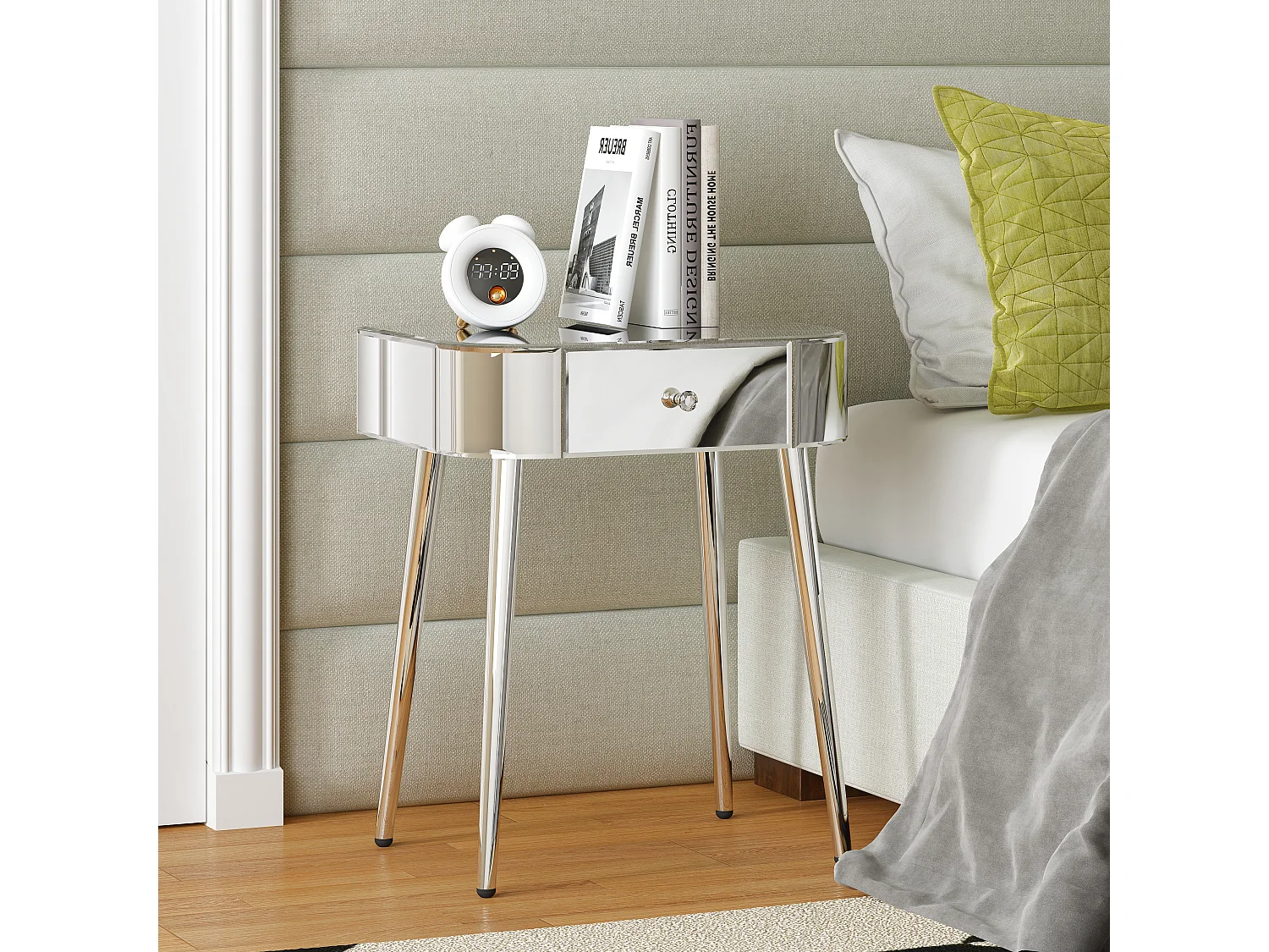 Table de chevet miroir avec tiroir, design glamour et moderne, verre et MDF, argenté (47.5x34.5x57.5cm)