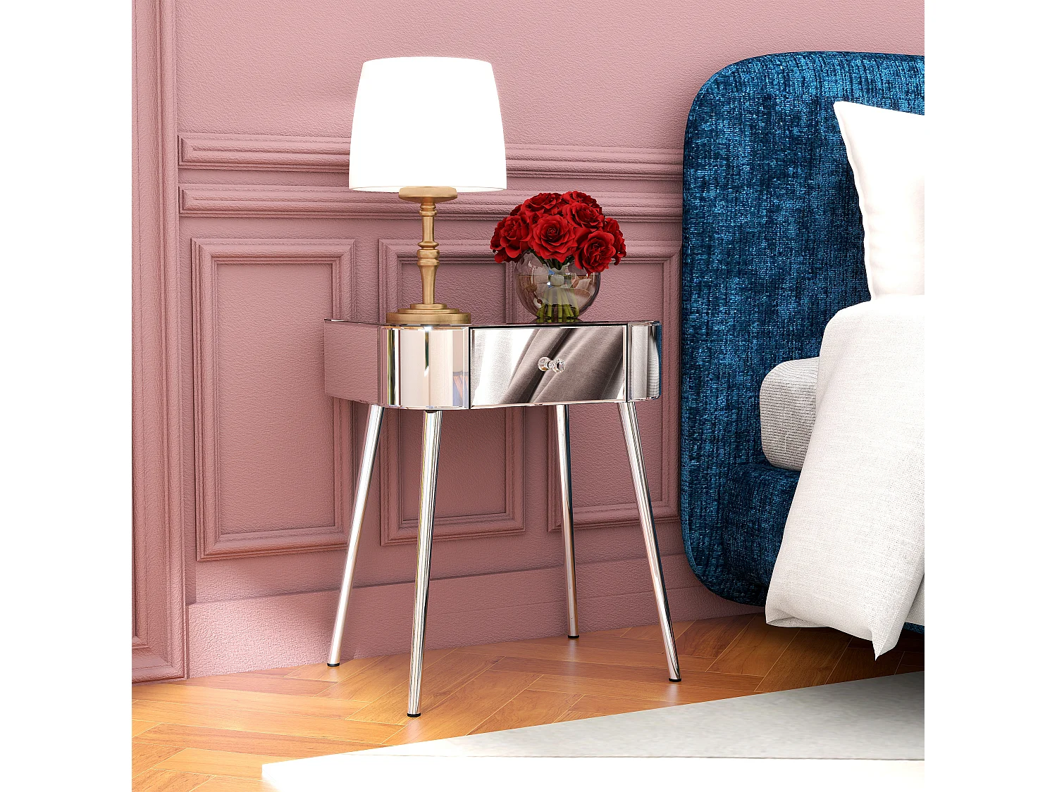 Table de chevet miroir avec tiroir, design glamour et moderne, verre et MDF, argenté (47.5x34.5x57.5cm)