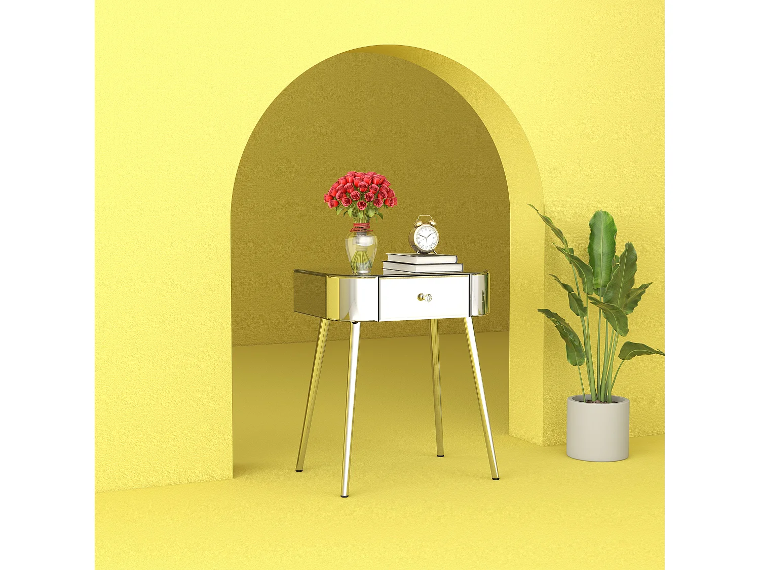 Table de chevet miroir avec tiroir, design glamour et moderne, verre et MDF, argenté (47.5x34.5x57.5cm)