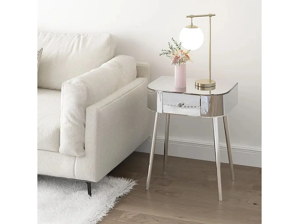 Table de chevet miroir avec tiroir, design glamour et moderne, verre et MDF, argenté (47.5x34.5x57.5cm)