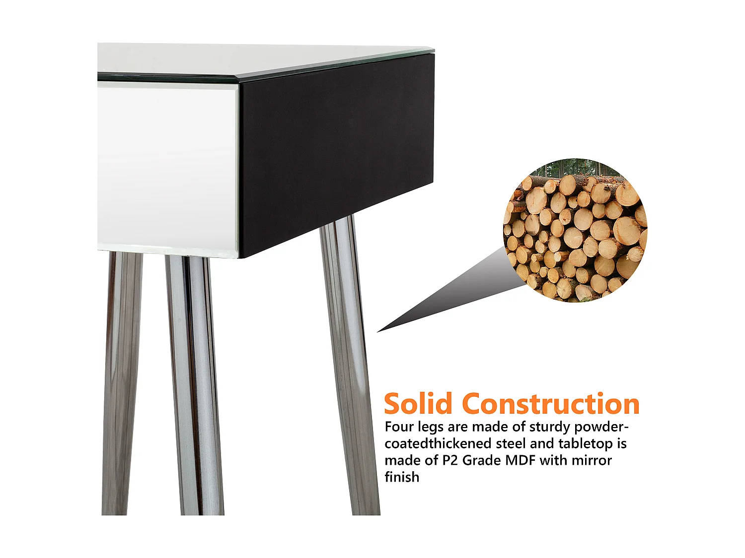 Table de chevet miroir avec tiroir, design glamour et moderne, verre et MDF, argenté (47.5x34.5x57.5cm)