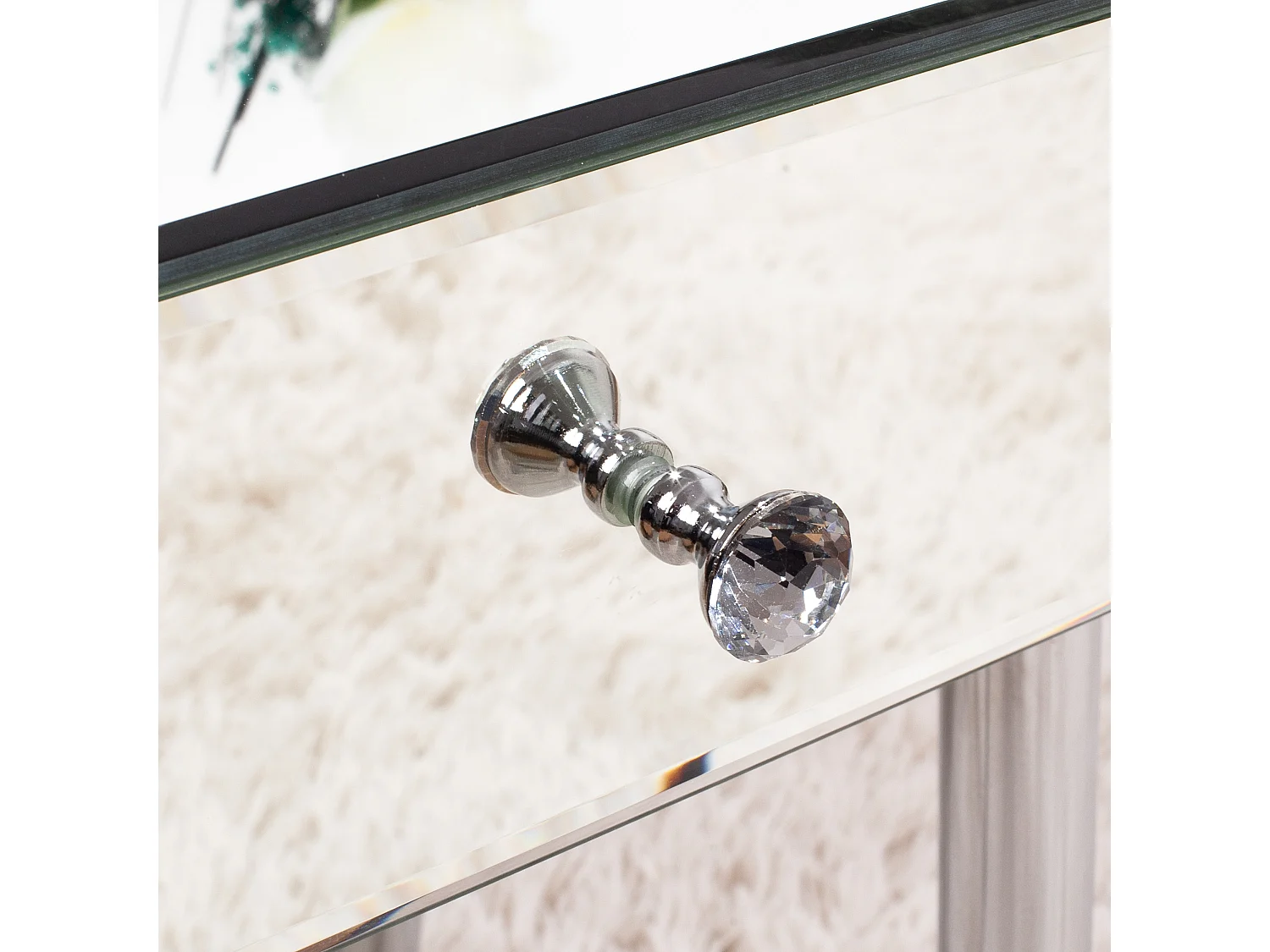 Table de chevet miroir avec tiroir, design glamour et moderne, verre et MDF, argenté (47.5x34.5x57.5cm)