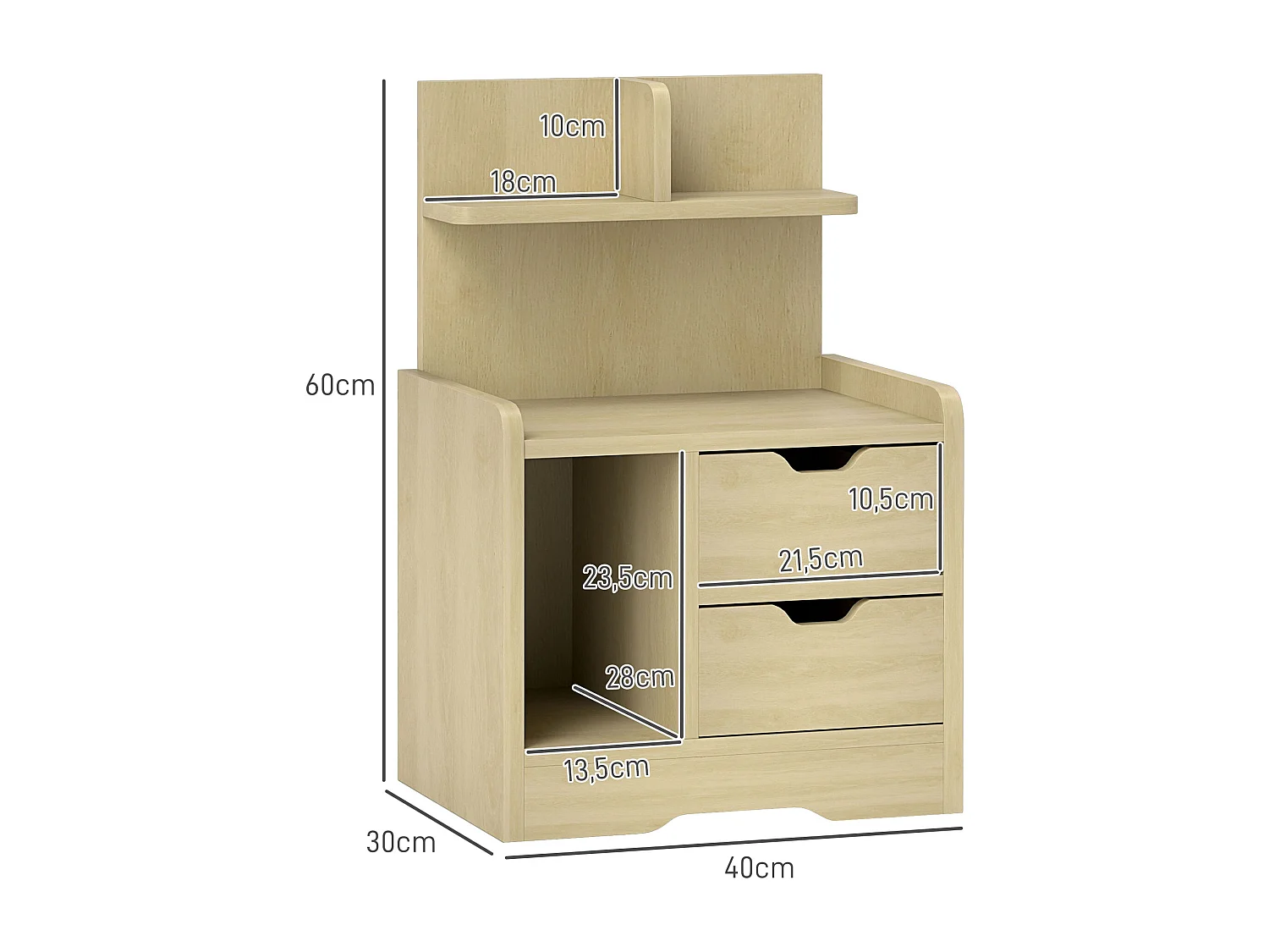 Table de chevet avec 2 tiroirs, étagère ouverte, bois naturel (40x30x60 cm)