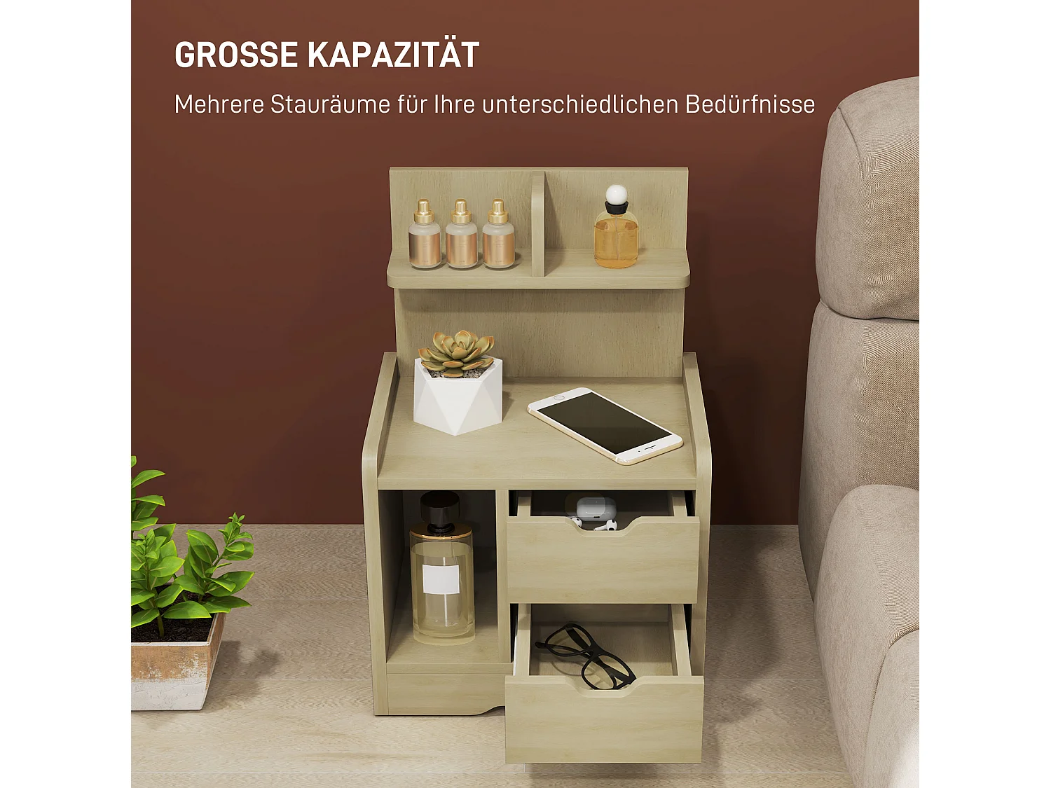 Table de chevet avec 2 tiroirs, étagère ouverte, bois naturel (40x30x60 cm)