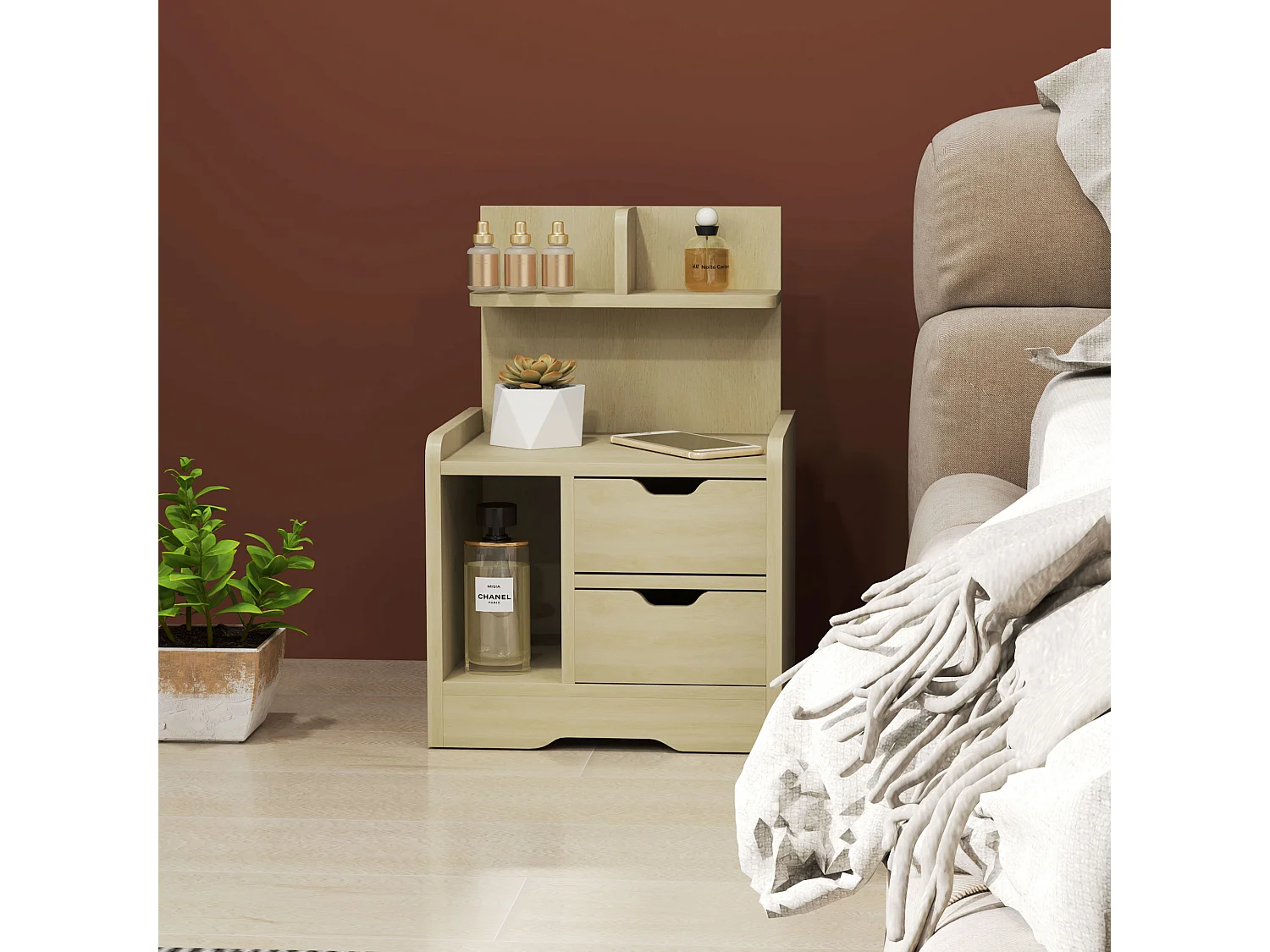 Table de chevet avec 2 tiroirs, étagère ouverte, bois naturel (40x30x60 cm)