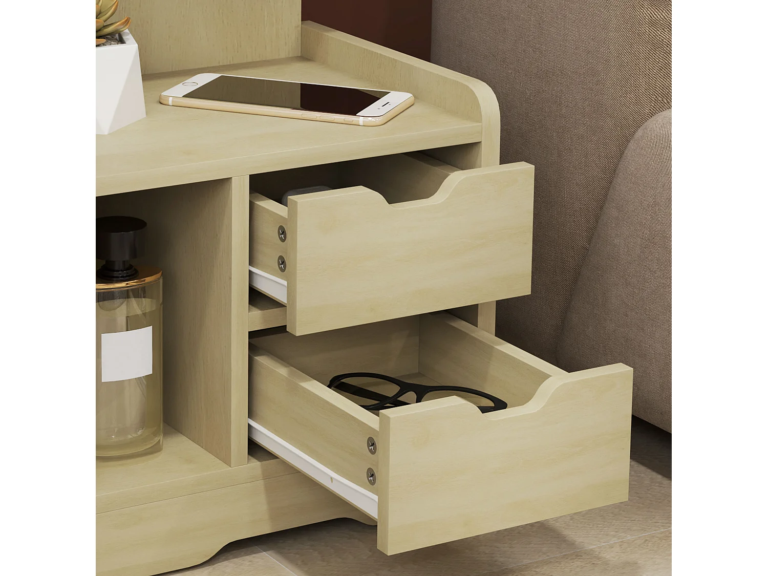 Table de chevet avec 2 tiroirs, étagère ouverte, bois naturel (40x30x60 cm)