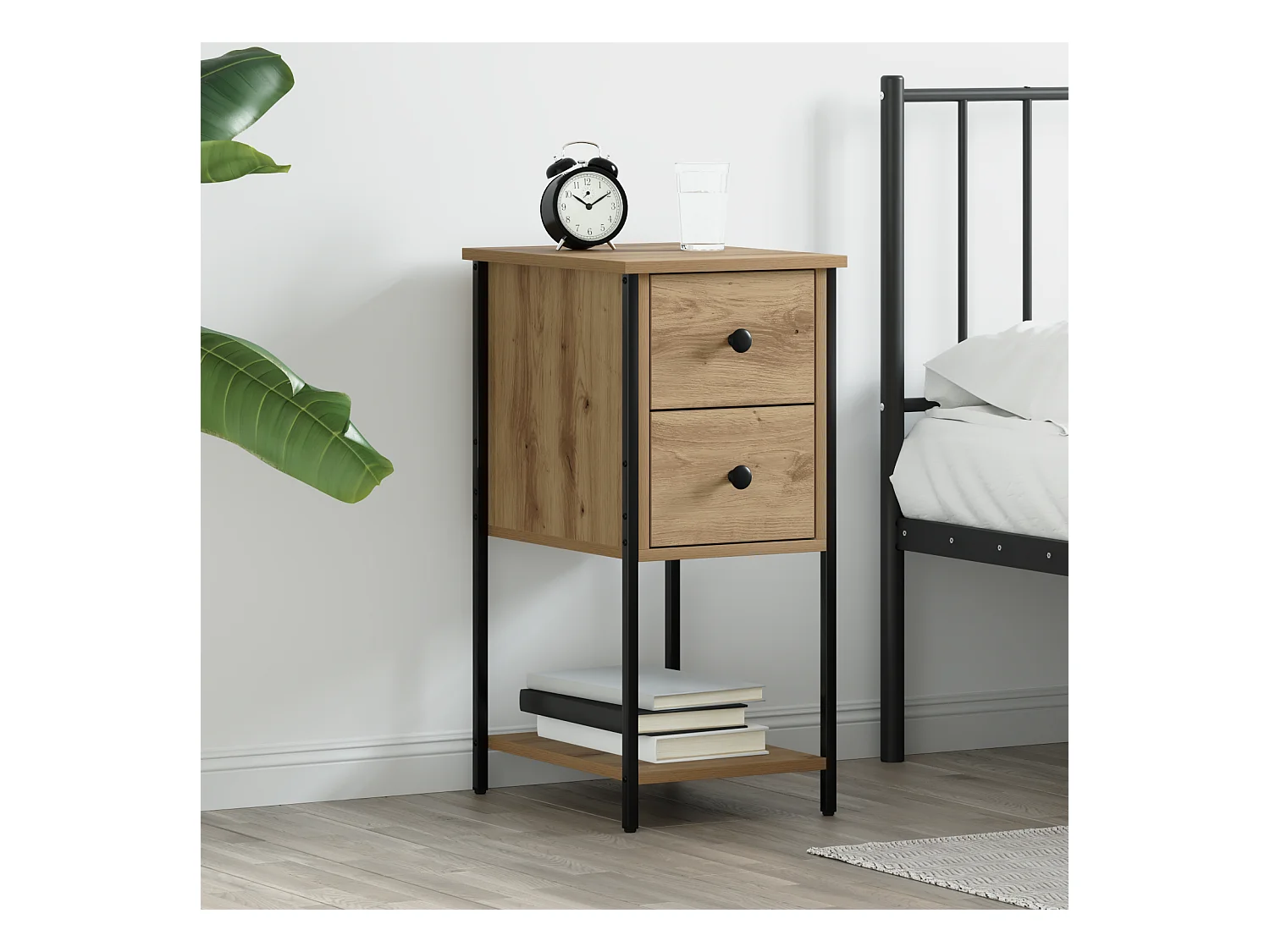 Comodino con cassetto, rovere lavorato a mano, 32 x 42 x 70 cm
