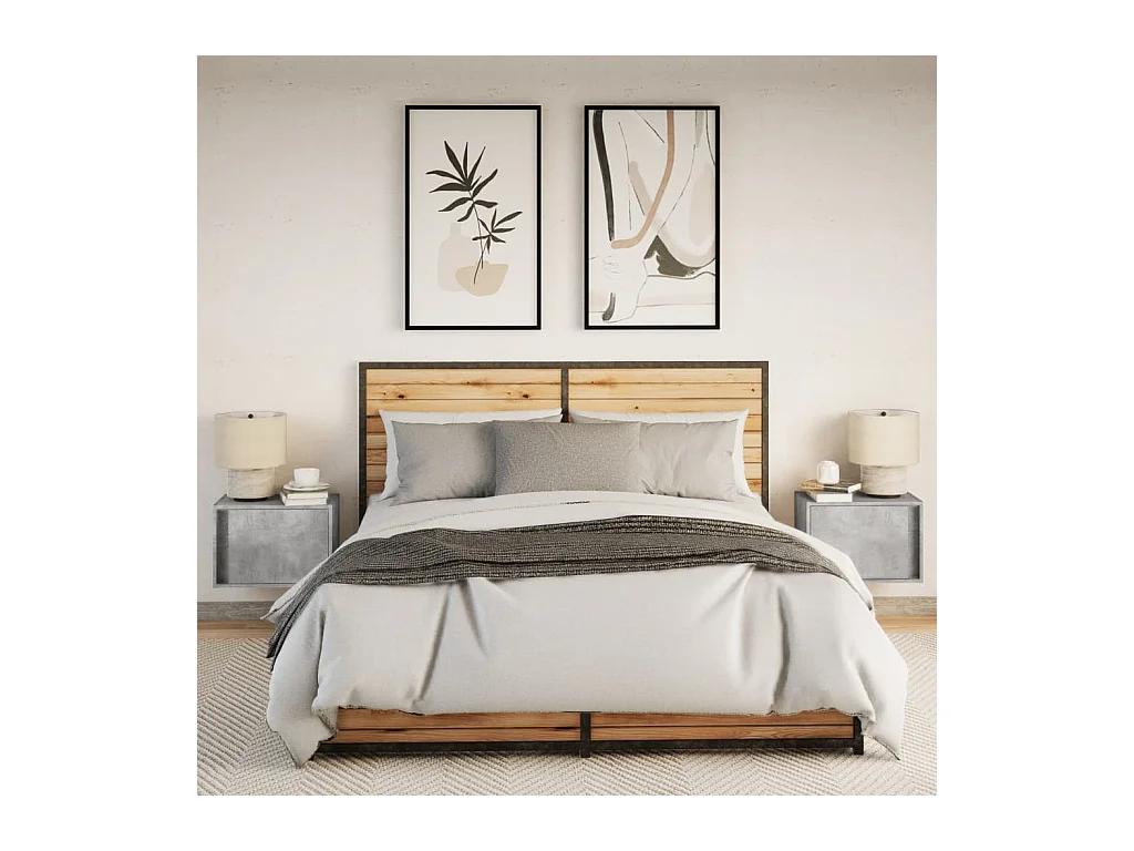 Tables de chevet murales avec lumières LED 2 pcs gris béton