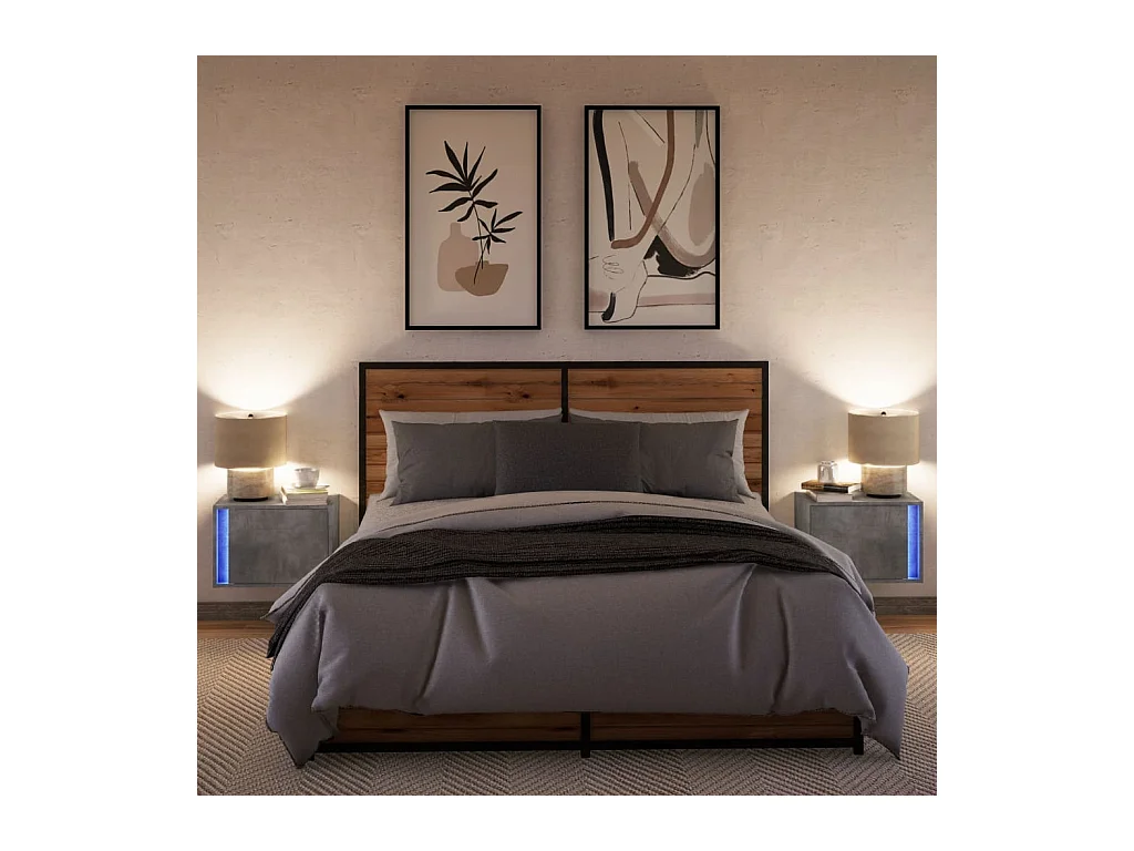 Tables de chevet murales avec lumières LED 2 pcs gris béton
