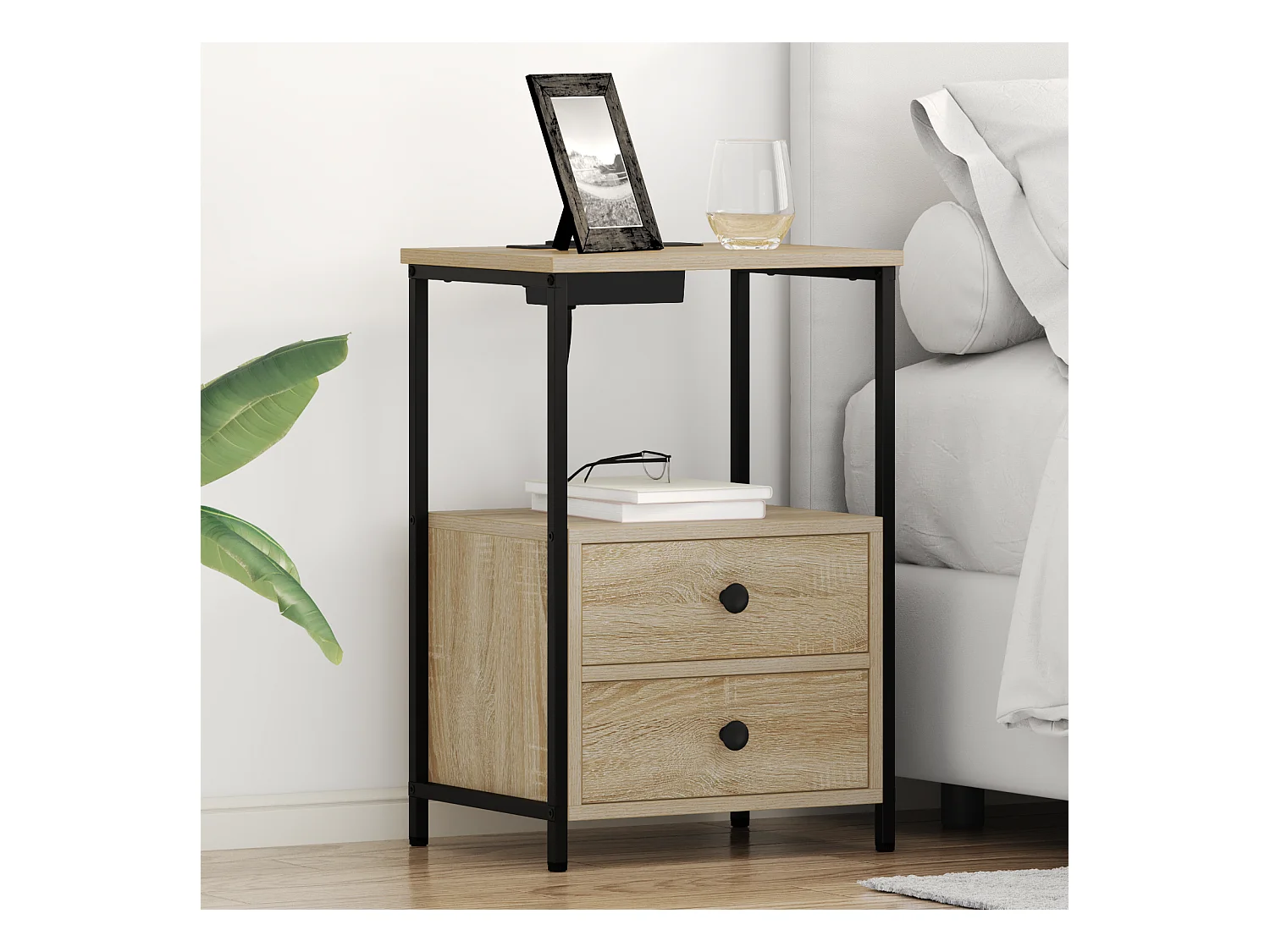 Table de nuit avec station de chargement 2 pcs Chêne sonoma