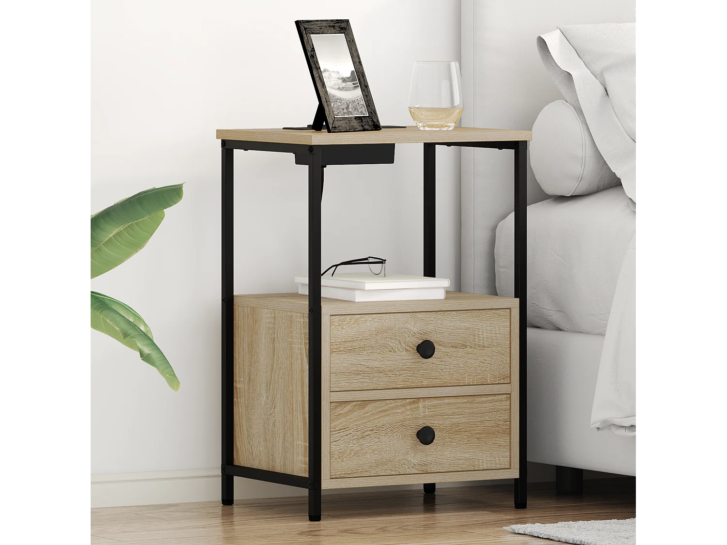 Table de nuit avec station de chargement 2 pcs Chêne sonoma