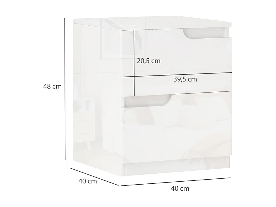 Comodino con 2 cassetti, design moderno, legno, bianco (40x40x48 cm)