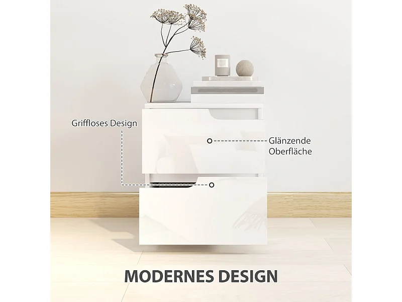 Comodino con 2 cassetti, design moderno, legno, bianco (40x40x48 cm)