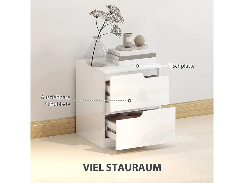 Comodino con 2 cassetti, design moderno, legno, bianco (40x40x48 cm)
