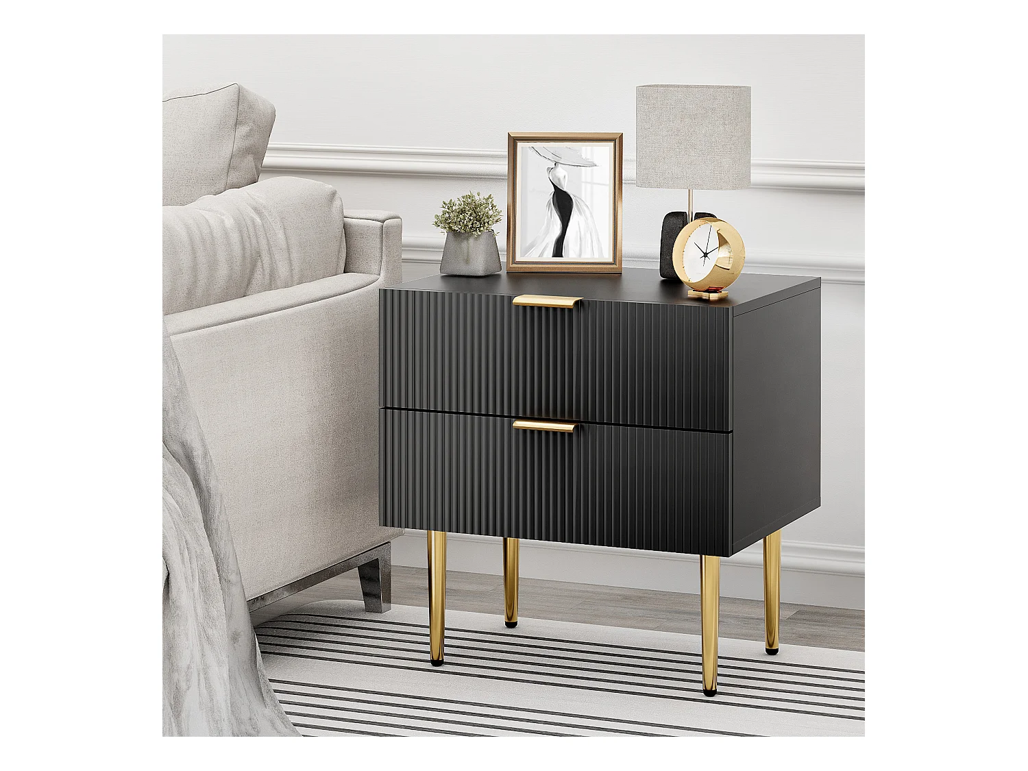 Table de chevet noire à motif ondulé avec 2 tiroirs, MDF et métal, pieds métalliques (53x41.3x53 cm)