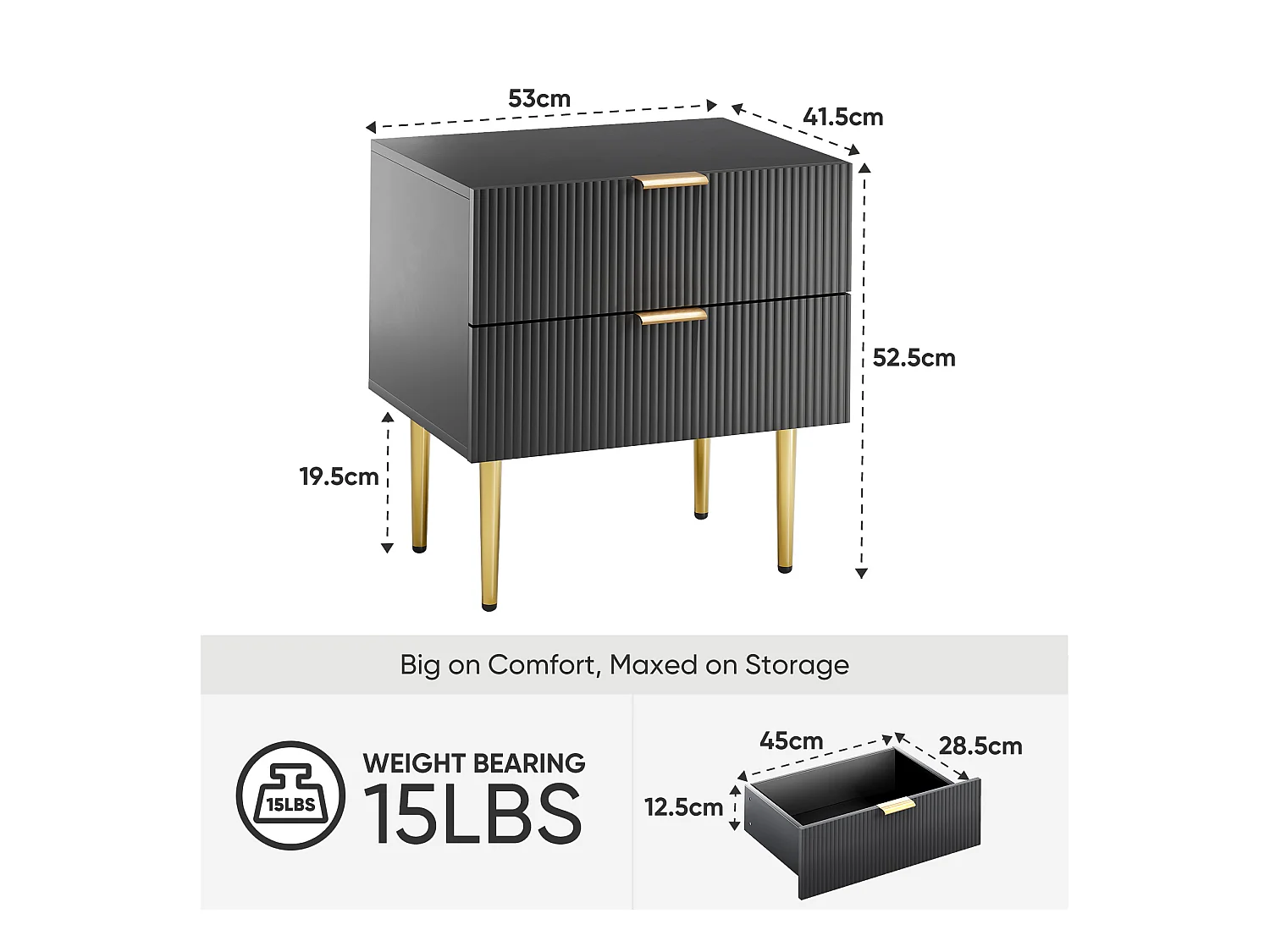 Table de chevet noire à motif ondulé avec 2 tiroirs, MDF et métal, pieds métalliques (53x41.3x53 cm)