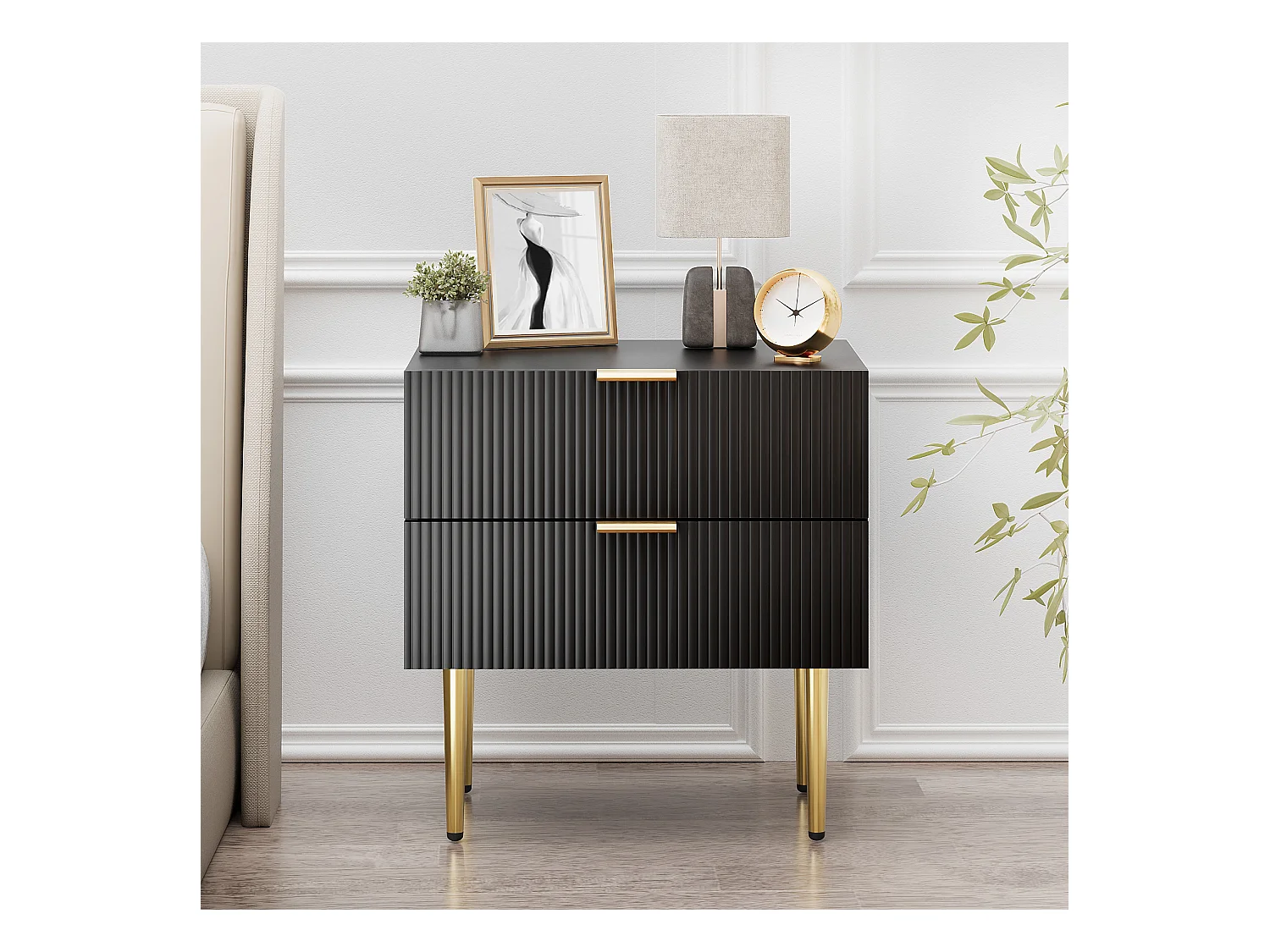 Table de chevet noire à motif ondulé avec 2 tiroirs, MDF et métal, pieds métalliques (53x41.3x53 cm)