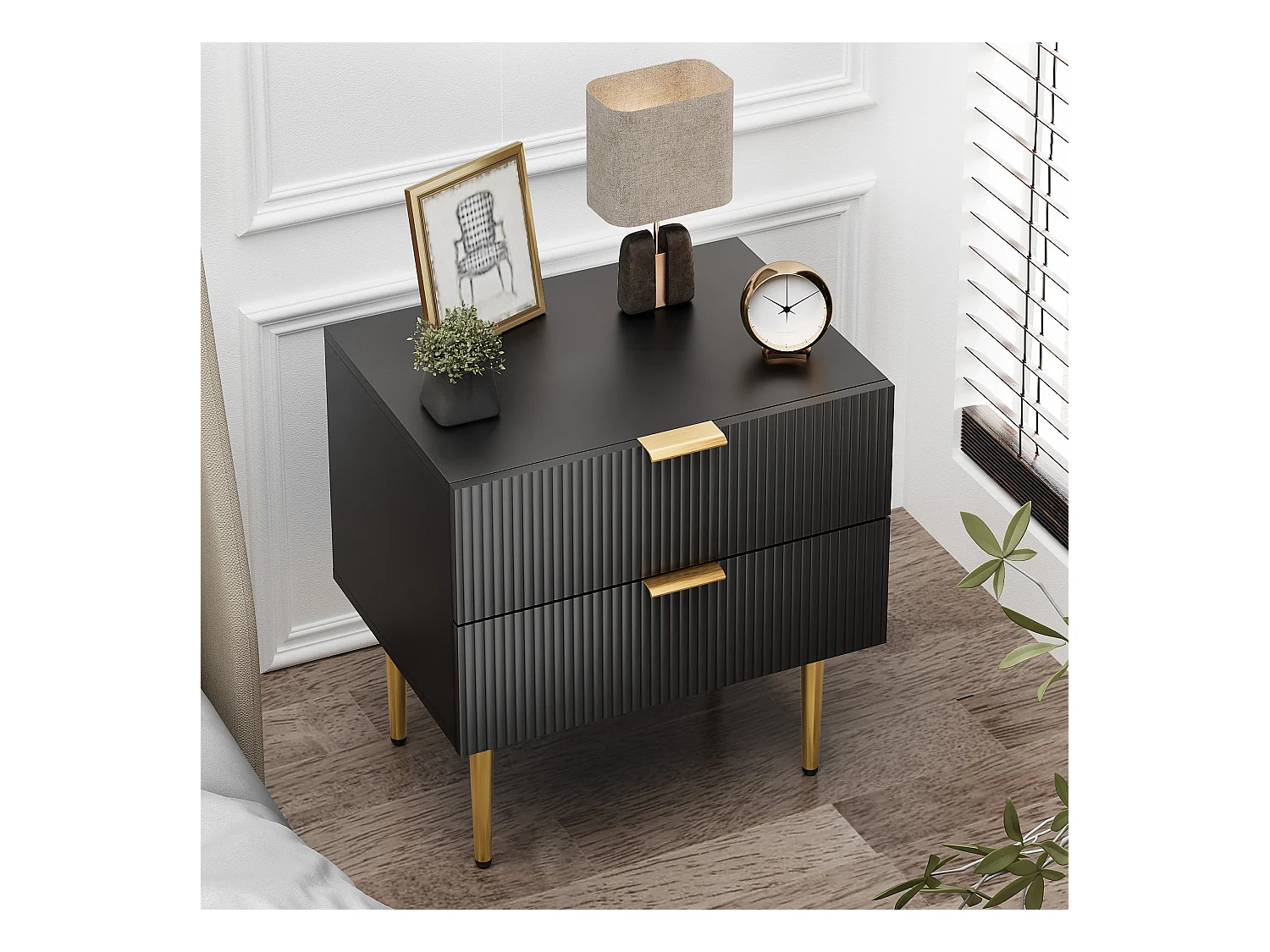 Table de chevet noire à motif ondulé avec 2 tiroirs, MDF et métal, pieds métalliques (53x41.3x53 cm)